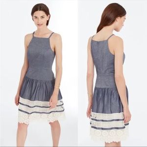 Ann Taylor Chambray Cream Lace Hem Cotton Sleeveless Mini Dress 14 Women’s